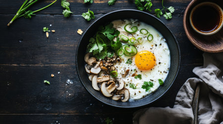 A vibrant breakfast bowl featuring a perfectly fried egg, fresh mushrooms, and green herbs. This colorful dish highlights clean eating and nutrition.の素材