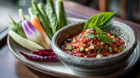 This captivating image showcases a vibrant spicy dipping sauce paired with fresh vegetables, highlighting culinary creativity and healthy eating.の素材