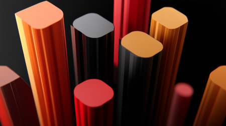 This striking abstract image features colorful cylinders arranged artistically against a dark background, showcasing modern design and vibrant geometry.の素材