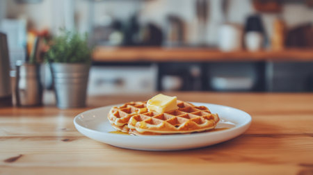 A tempting plate of homemade waffles topped with a pat of butter, set in a cozy cafe scene. Perfect for breakfast, brunch, or a sweet treat, this image evokes warmth and comfort.の素材