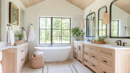 A beautifully designed modern bathroom featuring natural light, elegant fixtures, and stylish decor. The serene space offers a relaxing atmosphere, perfect for rejuvenation.の素材