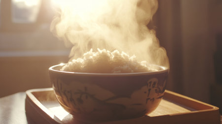 A steaming bowl of freshly cooked rice captures the essence of comfort food. Soft light enhances the inviting scene in a warm kitchen, perfect for meal moments.の素材