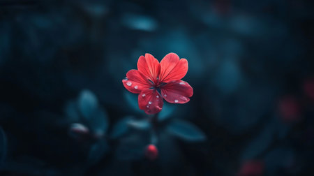 A stunning red flower stands out with droplets of water on its petals, creating a beautiful contrast against a dark, blurred background. Perfect for nature enthusiasts.の素材