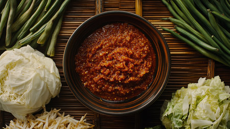 A vibrant red spicy sauce placed in a bowl, surrounded by fresh vegetables including cabbage and green beans, creating an inviting culinary scene.の素材
