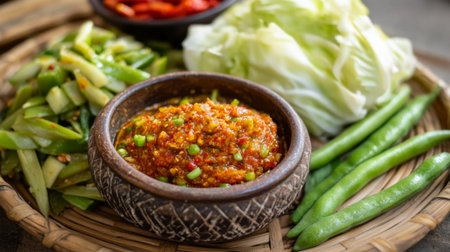 This vibrant arrangement features fresh vegetables and a spicy sauce in a traditional bowl, perfect for showcasing culinary creativity and healthy eating.の素材