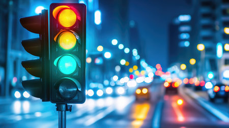 A well-lit traffic signal with the green light glowing, directing vehicles to proceed, with clear city streets and buildings in view.の素材