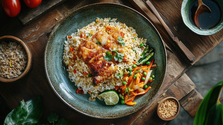 A top-down view of a plate of steaming hot rice with a side of crispy fried fish and vegetables, served in a rustic kitchen setting.の素材