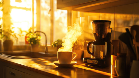 A steaming cup of freshly brewed coffee on a kitchen counter, with hot steam rising and a warm, inviting ambiance.の素材