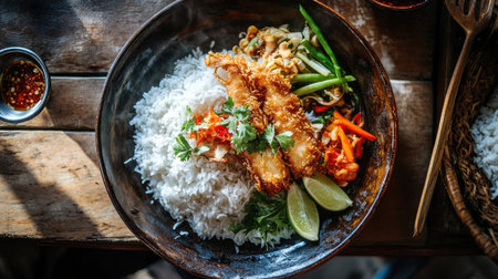 A top-down view of a plate of steaming hot rice with a side of crispy fried fish and vegetables, served in a rustic kitchen setting.の素材