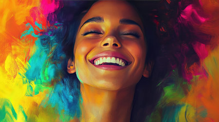 A vibrant portrait of a woman with a radiant smile and expressive eyes, captured in bright, colorful lighting to enhance her joyful and dynamic presence.の素材