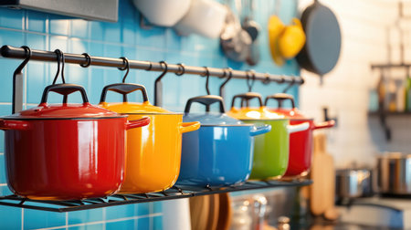 A vibrant image of colorful enamel-coated pots hanging on a kitchen rack, with a well-organized and stylish kitchen setting in the background.の素材