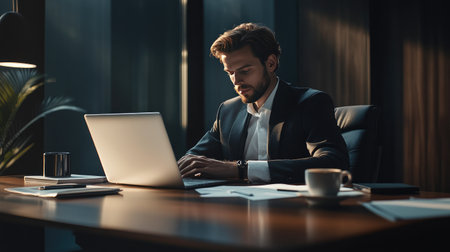 A young businessman focused on his laptop, sitting at a sleek desk with a cup of coffee and business documents in a modern office.の素材