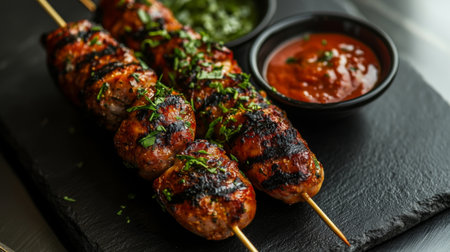 Grilled meat skewers garnished with fresh herbs served alongside two flavorful sauces on a black slate plate, perfect for food lovers.の素材