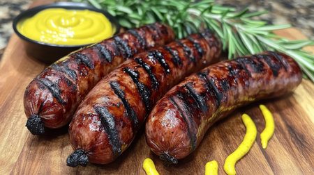Mouthwatering grilled sausages are served with mustard and fresh rosemary on a wooden cutting board, showcasing an appetizing and flavorful dish.の素材
