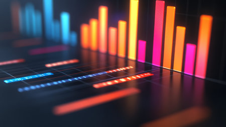 This illustration features a colorful digital bar chart, ideal for data analysis and visualization. It showcases various data representations for reports and presentations.の素材