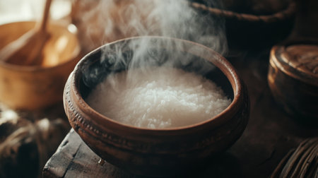 A steaming bowl of white rice sits in a rustic kitchen, surrounded by wooden utensils and herbs, capturing the essence of comfort food and home cooking.の素材