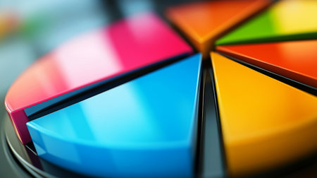 This image features vibrant pie chart segments in assorted bright colors set on a reflective surface, showcasing creativity in data visualization and analysis.の素材