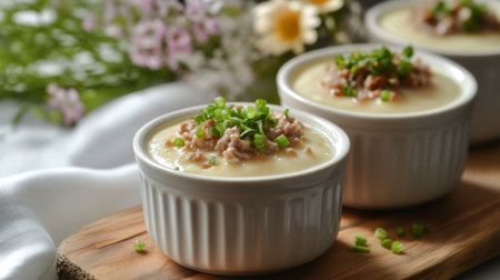 A close-up view of a creamy savory dish served in elegant white bowls. Topped with chopped herbs, this delicious food is perfect for any occasion.の素材