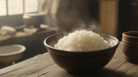 A steaming bowl of rice sits elegantly on a rustic wooden table, enhancing the cozy ambiance of a traditional kitchen setting. Perfect for culinary themes.の素材