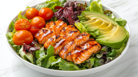 This vibrant salad features fresh grilled salmon fillets on a bed of assorted greens, topped with avocado slices and sweet cherry tomatoes, perfect for a healthy meal.の素材