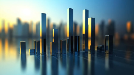 This abstract image features metallic bars arranged against a softly blurred cityscape. The interplay of golden and blue tones creates a modern and dynamic atmosphere, perfect for design projects.の素材