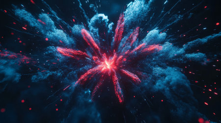 This vibrant explosion showcases an artistic interplay of red and blue colors within dramatic clouds, creating a mesmerizing visual experience. Perfect for creative projects.の素材
