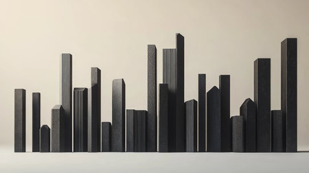 This artwork features a minimalistic black cityscape sculpture, showcasing various geometric forms on a neutral background, perfect for modern decor.の素材