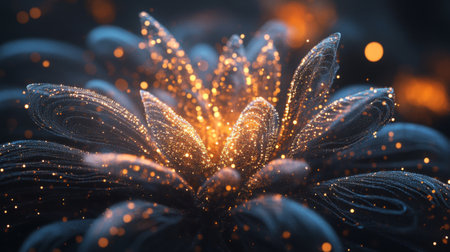 This stunning image features a luminous flower adorned with sparkling particles, creating an enchanting and surreal atmosphere. Perfect for artistic design.の素材