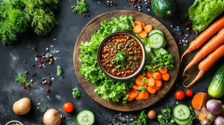 A vibrant presentation of a fresh vegetarian dish featuring lentils, carrots, cucumber, and lettuce. Rich in nutrients and ideal for healthy meals.の素材