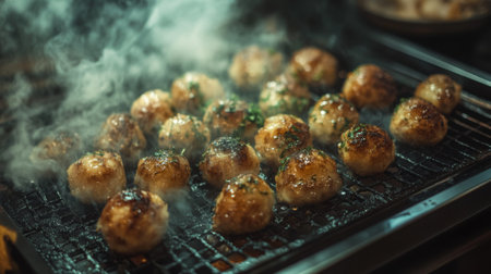Juicy meatballs grilled to perfection on a barbecue grate, surrounded by delicious smoke and garnished with fresh herbs. Perfect for food lovers.の素材