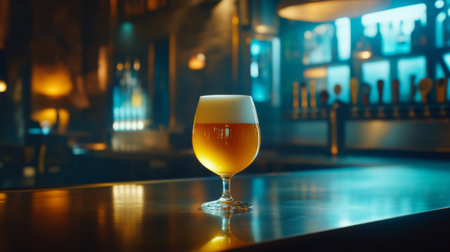 A beautifully presented glass of golden beer sits on a polished bar counter, surrounded by warm lighting. This image captures the inviting atmosphere of a lively pub.の素材