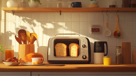 A cozy kitchen scene with a toaster in action, ejecting slices of perfectly golden bread, surrounded by a variety of toppings and spreads, capturing the joy of making breakfast.の素材