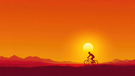 A silhouette of a cyclist riding against the backdrop of a setting sun, with the horizon and sky providing a warm, glowing canvas.の素材