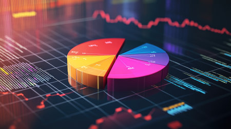 A dynamic D pie chart with vibrant sections, hovering above a grid background with digital data and percentages, representing a breakdown of business performance.の素材
