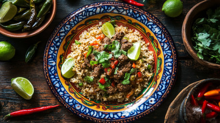 A vibrant plate of Mexican rice topped with beef, fresh vegetables, and cilantro. This dish features lime wedges and colorful peppers, perfect for any occasion.の素材