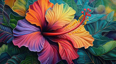 A vibrant close-up of a colorful hibiscus flower with bold, contrasting petals and intricate details, set against a lush green backdrop.の素材