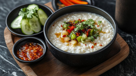 A warm and creamy rice porridge topped with fresh herbs, vegetables, and spicy condiments, perfect for a wholesome breakfast or comfort meal. Enjoy!の素材