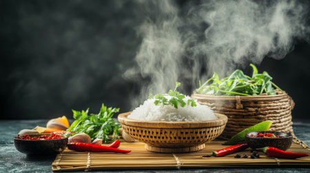 A steaming bowl of rice garnished with cilantro, accompanied by fresh herbs and spices, showcasing a vibrant and rustic culinary setting, perfect for food lovers.の素材