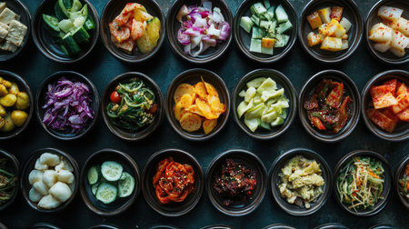 A table filled with an assortment of banchan side dishes, including pickled vegetables and kimchi, beautifully displayed in small bowls, emphasizing the variety in Korean meals.の素材
