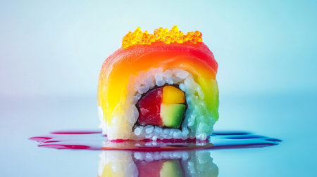 An artistic representation of a vibrant rainbow sushi roll on a glossy surface. Colorful ingredients create a visually enticing dish perfect for food lovers.の素材