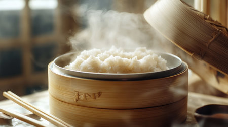 A close-up of a bamboo steamer filled with fluffy, hot steamed rice, with steam escaping and a pair of chopsticks resting on the side.の素材