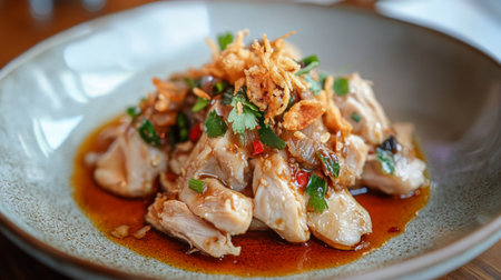 A vibrant and flavorful chicken dish featuring fresh herbs, chili, and crispy toppings served in a elegant plate. Perfect for food enthusiasts and culinary adventures.の素材