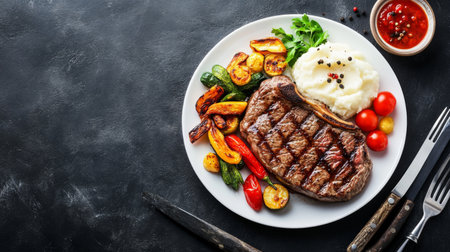 A vibrant plate featuring perfectly grilled steak accompanied by creamy mashed potatoes and a variety of colorful roasted vegetables, ideal for meals.の素材