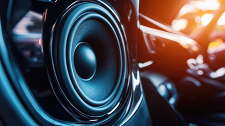 A close-up of a high-quality car speaker mounted on a vehicle door panel, showcasing its sleek design and premium materials in a modern car interior.の素材