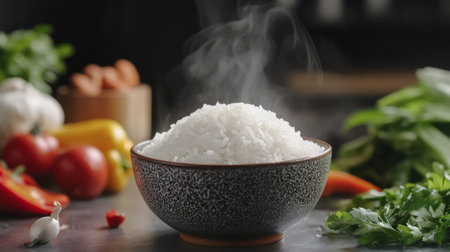 A steaming bowl of freshly cooked white rice sits beautifully surrounded by vibrant vegetables, creating an inviting and healthy meal setup ideal for culinary use.の素材