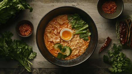 A vibrant bowl of spicy noodles topped with fresh vegetables and a soft-boiled egg, perfect for a comforting meal or culinary inspiration.の素材