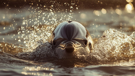 A close-up of a dolphin's face as it emerges from the water, with droplets glistening in the sunlight, capturing a moment of playful interaction.の素材