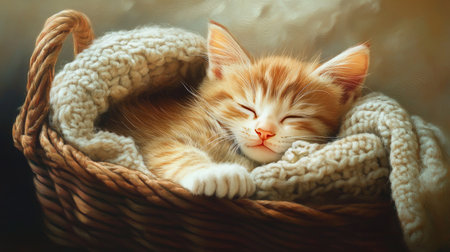 A cute kitten sleeping peacefully in a cozy basket, with a soft blanket and a peaceful expression on its face, capturing its serene moment.の素材