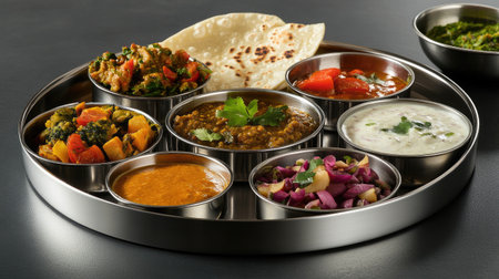 A colorful thali featuring a variety of Indian dishes such as dal, vegetable curry, raita, and chapati, arranged on a traditional stainless steel platter.の素材