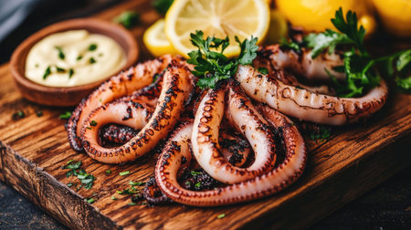 A close-up of grilled squid served on a rustic wooden board, with a side of garlic aioli and a garnish of fresh lemon slices and herbs.の素材